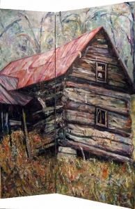 Gimme Shelter I hinged two panels together to make a screen. The log cabin writ large. 80”x60” oil on panels 2008