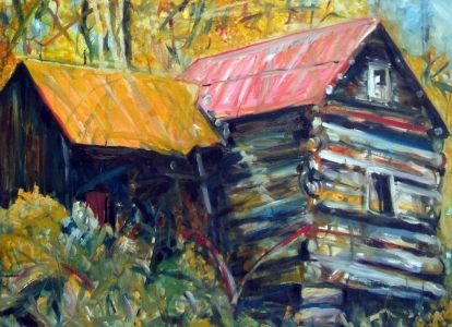Susan Livengood oil painting on paper Log Cabin with Yellow and Red Roof art