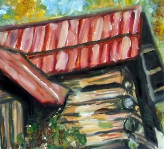 Susan Livengood oil painting on paper Log Cabin with Red Metal Roof art