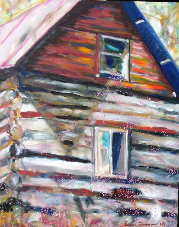Susan Livengood oil painting on canvas Log Cabin with Thistles