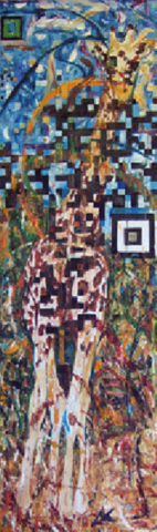 GMO Giraffe As mega-corporations take over food production and use GMO’s to boost profits, it’s only time until they make a giraffe that fits neatly in a can or box, with a handy QR code. 80”x30” oil on panel 2012