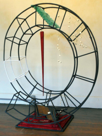 Poly: Means Many Collaboration with Gregg. I got to lead on design and experimenting. Sculpture is not like painting, at all! Steel, plate glass, plywood, others 59”x47”x29” 2022