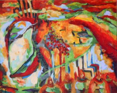 Undermined - All of the breasts along the bottom are a sign of how women are treated in this administration. acrylic on panel 24 x 30 - 2025