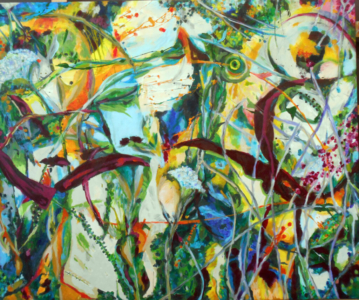 Verdant- Spring and summer flowers in my garden. Acrylic on canvas 46” x 54” 2023